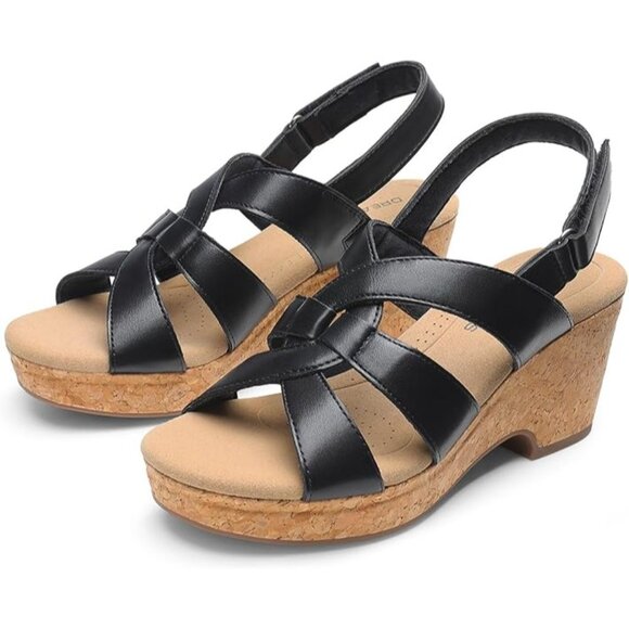 Dream Pairs Womens Black Faux Leather Espadrille Platform Wedges Size 8 - Picture 7 of 12